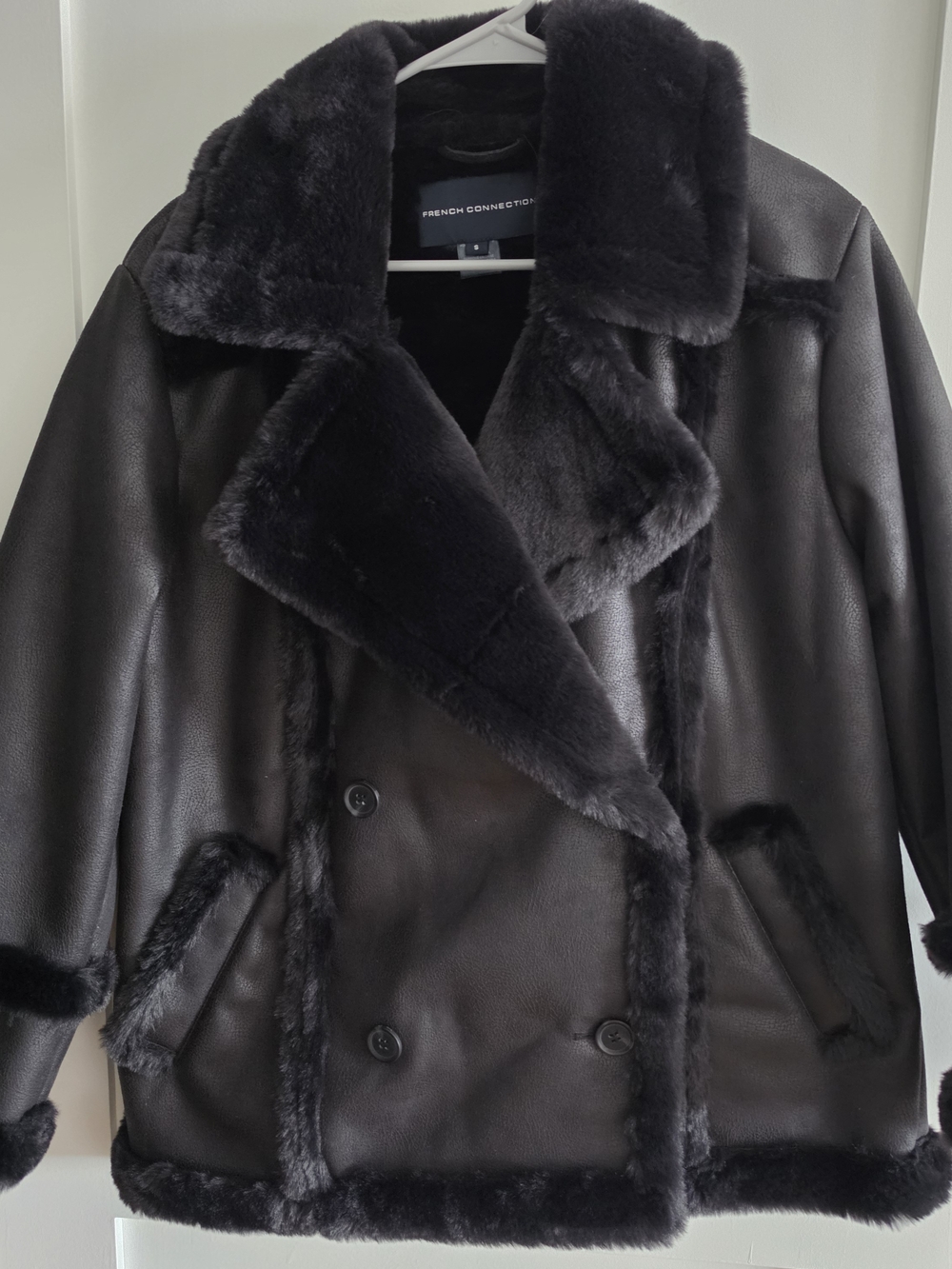 French Connection Black Faux Shearling-Trim Double-Breasted Jacket